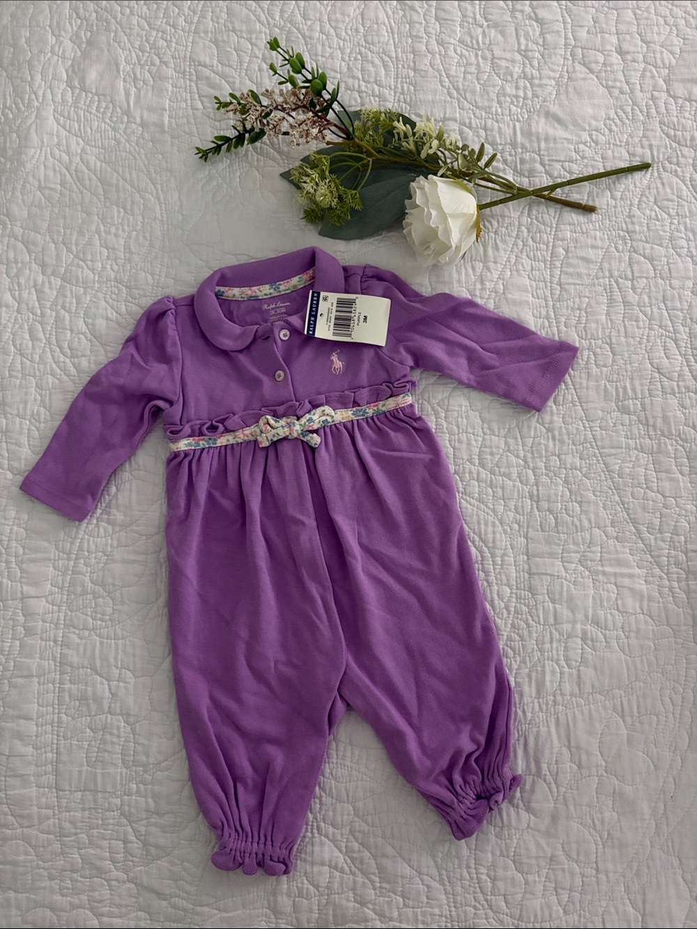 Ralph Lauren Lavender Long-Sleeve Polo One-Piece with Floral Waist Tie